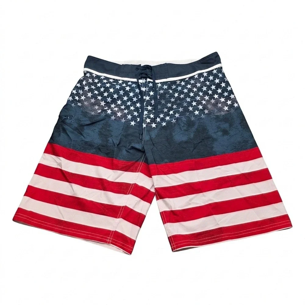 Burnside Mens Board‎ Shorts Size 34 American Flag Stars Stripes Swim Trunks Navy